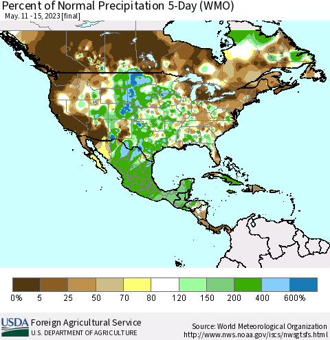 North America Percent of Normal Precipitation 5-Day (WMO) Thematic Map For 5/11/2023 - 5/15/2023