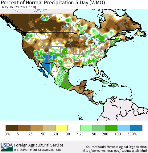North America Percent of Normal Precipitation 5-Day (WMO) Thematic Map For 5/16/2023 - 5/20/2023