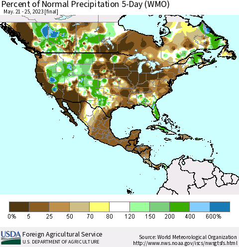 North America Percent of Normal Precipitation 5-Day (WMO) Thematic Map For 5/21/2023 - 5/25/2023