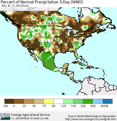 North America Percent of Normal Precipitation 5-Day (WMO) Thematic Map For 5/26/2023 - 5/31/2023