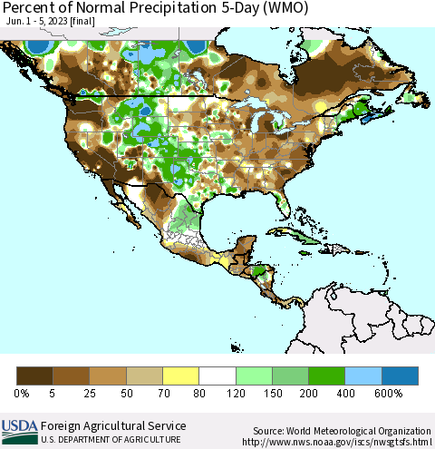 North America Percent of Normal Precipitation 5-Day (WMO) Thematic Map For 6/1/2023 - 6/5/2023
