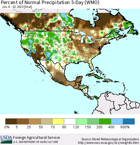 North America Percent of Normal Precipitation 5-Day (WMO) Thematic Map For 6/6/2023 - 6/10/2023