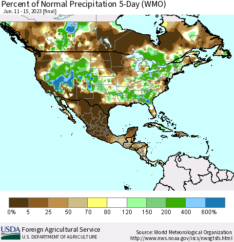 North America Percent of Normal Precipitation 5-Day (WMO) Thematic Map For 6/11/2023 - 6/15/2023
