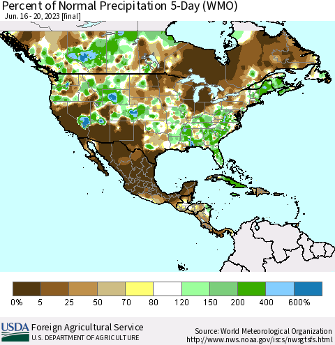 North America Percent of Normal Precipitation 5-Day (WMO) Thematic Map For 6/16/2023 - 6/20/2023