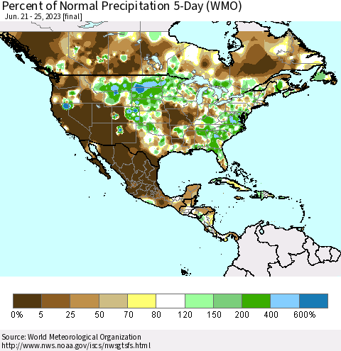 North America Percent of Normal Precipitation 5-Day (WMO) Thematic Map For 6/21/2023 - 6/25/2023