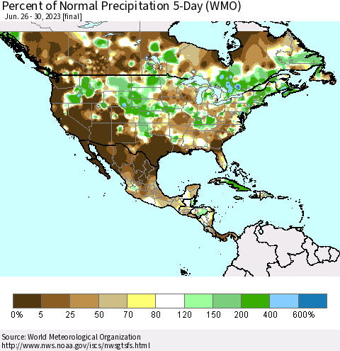 North America Percent of Normal Precipitation 5-Day (WMO) Thematic Map For 6/26/2023 - 6/30/2023