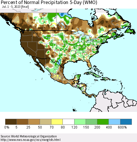 North America Percent of Normal Precipitation 5-Day (WMO) Thematic Map For 7/1/2023 - 7/5/2023