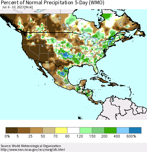 North America Percent of Normal Precipitation 5-Day (WMO) Thematic Map For 7/6/2023 - 7/10/2023