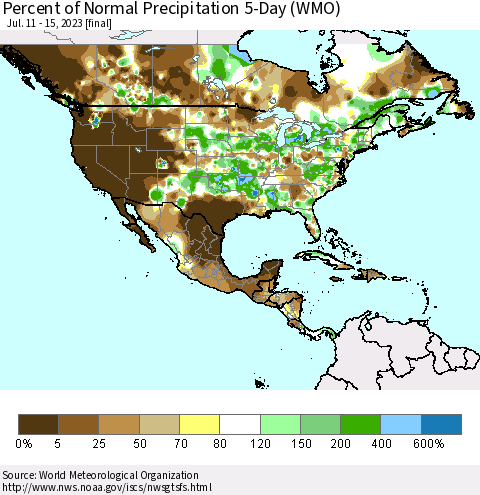 North America Percent of Normal Precipitation 5-Day (WMO) Thematic Map For 7/11/2023 - 7/15/2023