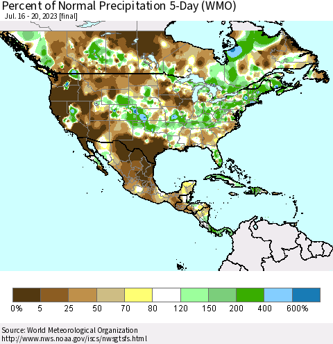 North America Percent of Normal Precipitation 5-Day (WMO) Thematic Map For 7/16/2023 - 7/20/2023