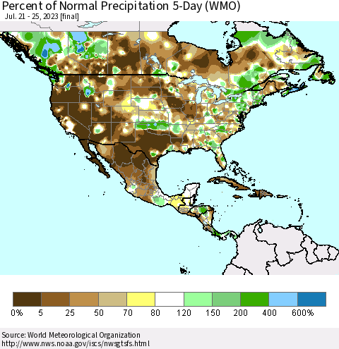 North America Percent of Normal Precipitation 5-Day (WMO) Thematic Map For 7/21/2023 - 7/25/2023