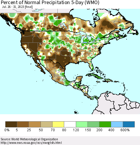 North America Percent of Normal Precipitation 5-Day (WMO) Thematic Map For 7/26/2023 - 7/31/2023