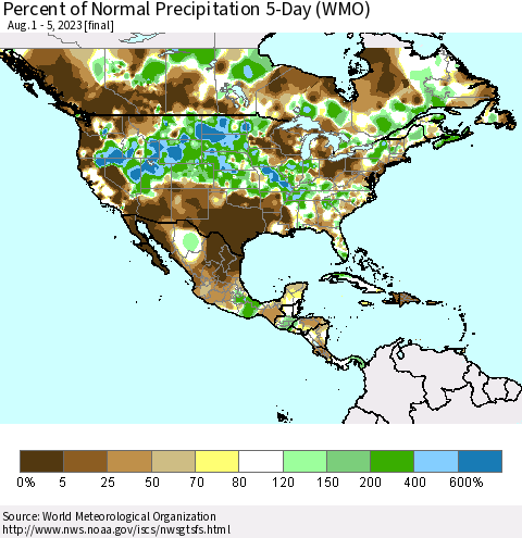 North America Percent of Normal Precipitation 5-Day (WMO) Thematic Map For 8/1/2023 - 8/5/2023