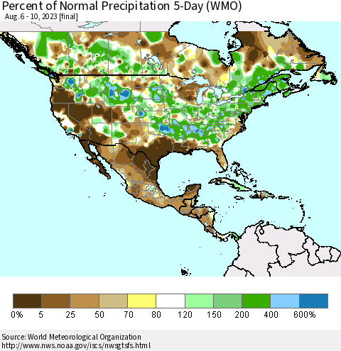 North America Percent of Normal Precipitation 5-Day (WMO) Thematic Map For 8/6/2023 - 8/10/2023