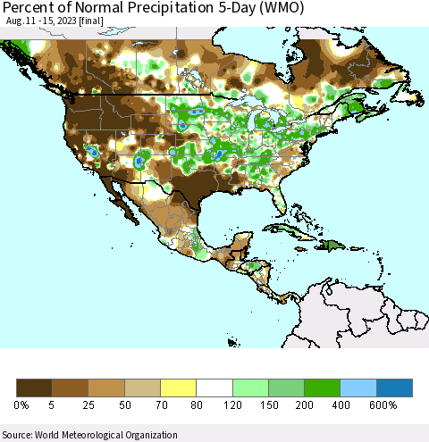 North America Percent of Normal Precipitation 5-Day (WMO) Thematic Map For 8/11/2023 - 8/15/2023