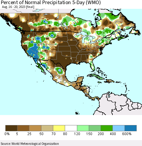 North America Percent of Normal Precipitation 5-Day (WMO) Thematic Map For 8/16/2023 - 8/20/2023