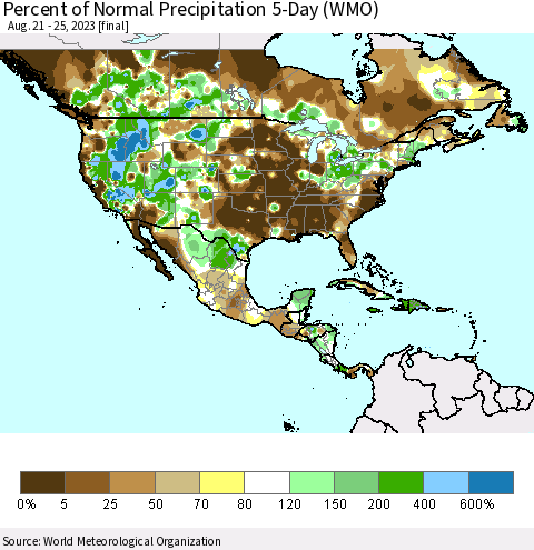 North America Percent of Normal Precipitation 5-Day (WMO) Thematic Map For 8/21/2023 - 8/25/2023