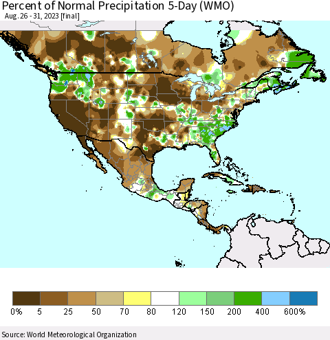 North America Percent of Normal Precipitation 5-Day (WMO) Thematic Map For 8/26/2023 - 8/31/2023