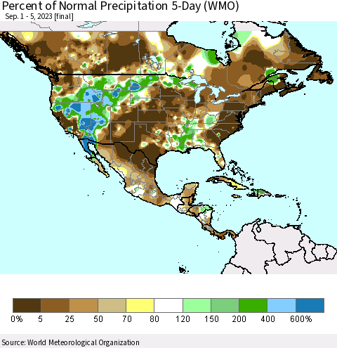 North America Percent of Normal Precipitation 5-Day (WMO) Thematic Map For 9/1/2023 - 9/5/2023