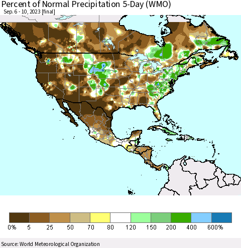 North America Percent of Normal Precipitation 5-Day (WMO) Thematic Map For 9/6/2023 - 9/10/2023