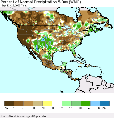 North America Percent of Normal Precipitation 5-Day (WMO) Thematic Map For 9/11/2023 - 9/15/2023