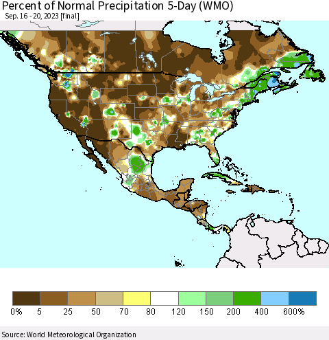 North America Percent of Normal Precipitation 5-Day (WMO) Thematic Map For 9/16/2023 - 9/20/2023