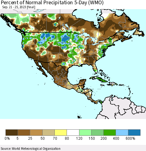 North America Percent of Normal Precipitation 5-Day (WMO) Thematic Map For 9/21/2023 - 9/25/2023