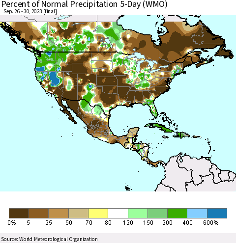North America Percent of Normal Precipitation 5-Day (WMO) Thematic Map For 9/26/2023 - 9/30/2023