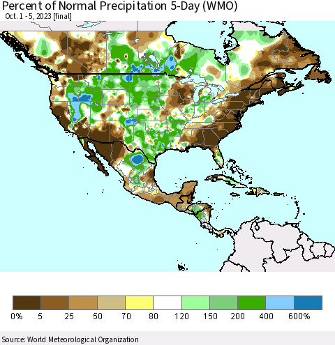 North America Percent of Normal Precipitation 5-Day (WMO) Thematic Map For 10/1/2023 - 10/5/2023