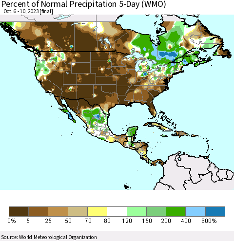 North America Percent of Normal Precipitation 5-Day (WMO) Thematic Map For 10/6/2023 - 10/10/2023