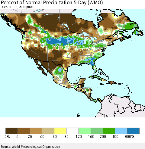 North America Percent of Normal Precipitation 5-Day (WMO) Thematic Map For 10/11/2023 - 10/15/2023