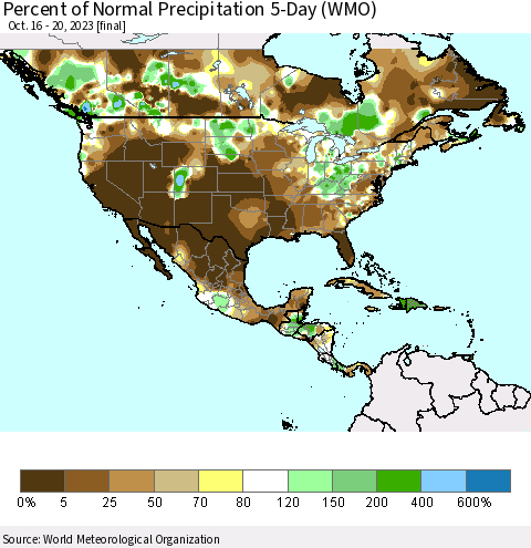 North America Percent of Normal Precipitation 5-Day (WMO) Thematic Map For 10/16/2023 - 10/20/2023