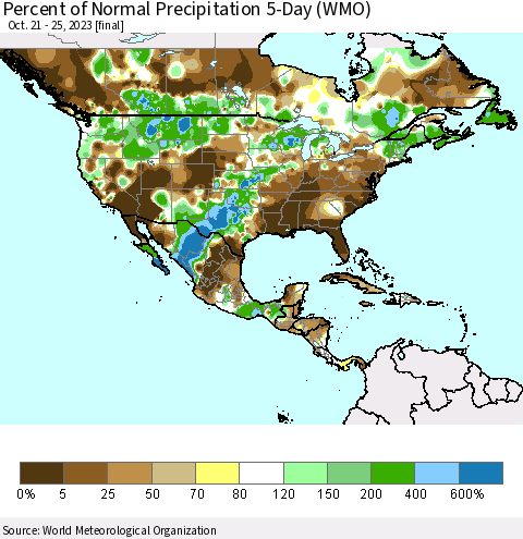 North America Percent of Normal Precipitation 5-Day (WMO) Thematic Map For 10/21/2023 - 10/25/2023