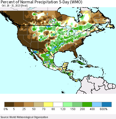 North America Percent of Normal Precipitation 5-Day (WMO) Thematic Map For 10/26/2023 - 10/31/2023