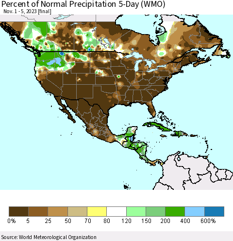 North America Percent of Normal Precipitation 5-Day (WMO) Thematic Map For 11/1/2023 - 11/5/2023