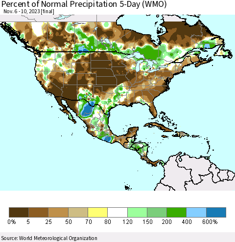 North America Percent of Normal Precipitation 5-Day (WMO) Thematic Map For 11/6/2023 - 11/10/2023