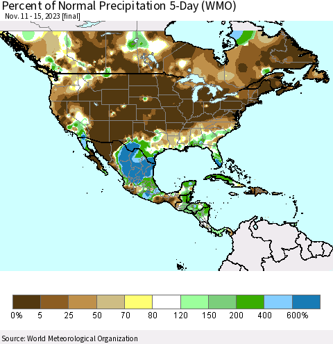 North America Percent of Normal Precipitation 5-Day (WMO) Thematic Map For 11/11/2023 - 11/15/2023