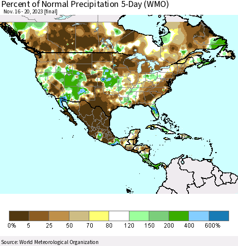 North America Percent of Normal Precipitation 5-Day (WMO) Thematic Map For 11/16/2023 - 11/20/2023
