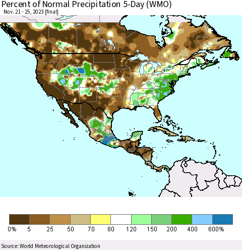 North America Percent of Normal Precipitation 5-Day (WMO) Thematic Map For 11/21/2023 - 11/25/2023