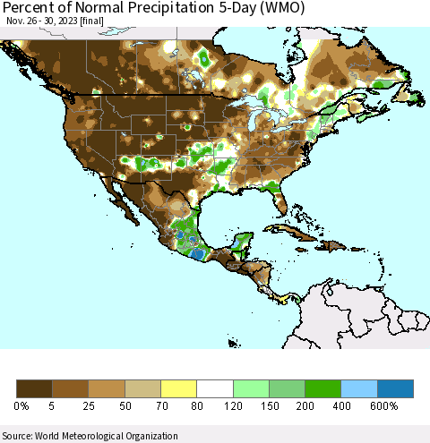 North America Percent of Normal Precipitation 5-Day (WMO) Thematic Map For 11/26/2023 - 11/30/2023