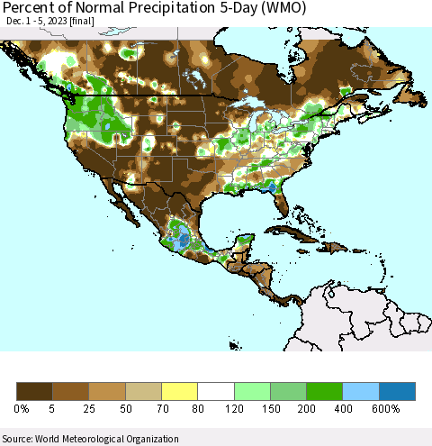 North America Percent of Normal Precipitation 5-Day (WMO) Thematic Map For 12/1/2023 - 12/5/2023