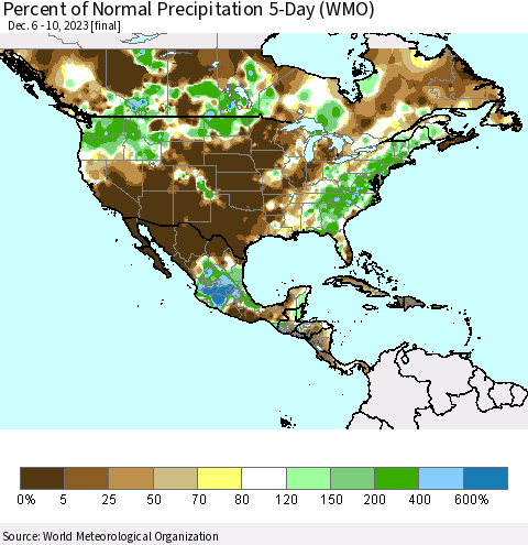 North America Percent of Normal Precipitation 5-Day (WMO) Thematic Map For 12/6/2023 - 12/10/2023