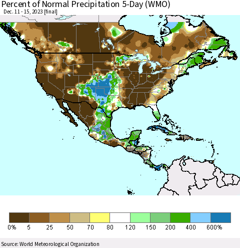 North America Percent of Normal Precipitation 5-Day (WMO) Thematic Map For 12/11/2023 - 12/15/2023