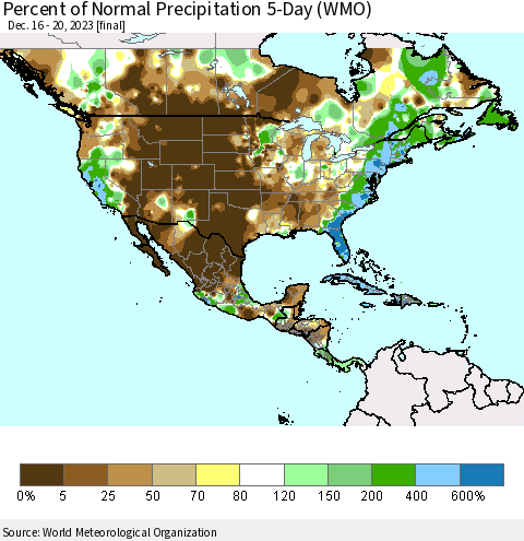 North America Percent of Normal Precipitation 5-Day (WMO) Thematic Map For 12/16/2023 - 12/20/2023