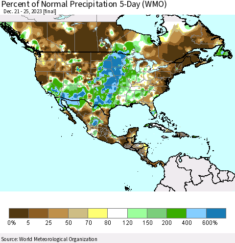 North America Percent of Normal Precipitation 5-Day (WMO) Thematic Map For 12/21/2023 - 12/25/2023