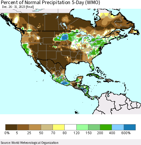 North America Percent of Normal Precipitation 5-Day (WMO) Thematic Map For 12/26/2023 - 12/31/2023