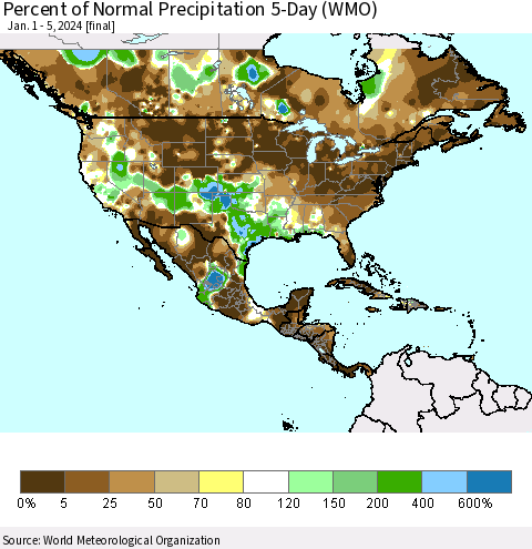 North America Percent of Normal Precipitation 5-Day (WMO) Thematic Map For 1/1/2024 - 1/5/2024