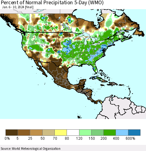 North America Percent of Normal Precipitation 5-Day (WMO) Thematic Map For 1/6/2024 - 1/10/2024