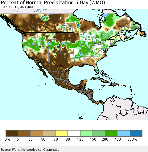 North America Percent of Normal Precipitation 5-Day (WMO) Thematic Map For 1/11/2024 - 1/15/2024