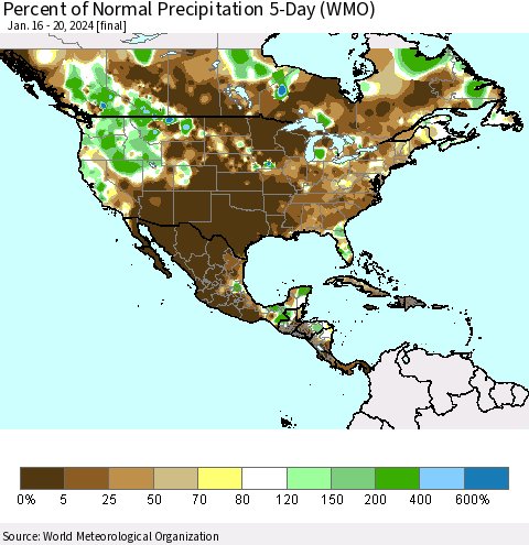 North America Percent of Normal Precipitation 5-Day (WMO) Thematic Map For 1/16/2024 - 1/20/2024